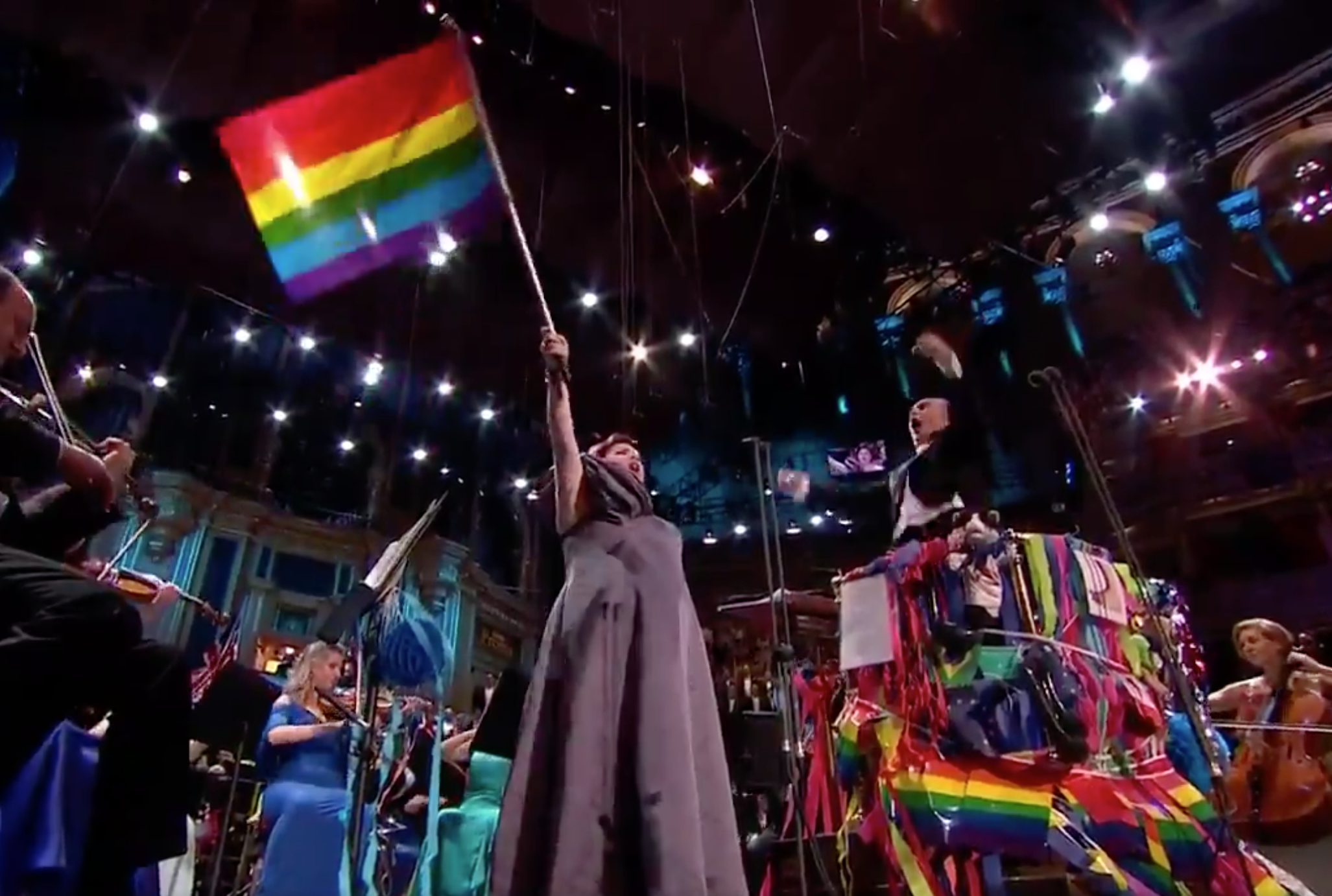 Bisexual opera singer Jamie Barton, waving a Pride flag during her rendition of 'Rule Brittania' (Screenshot/BBC)
