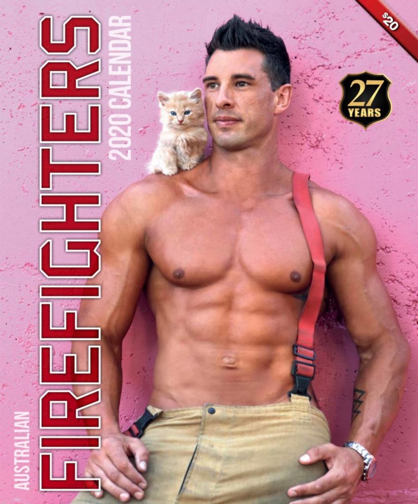 Jeff and Simba pose for the firefighters calendar