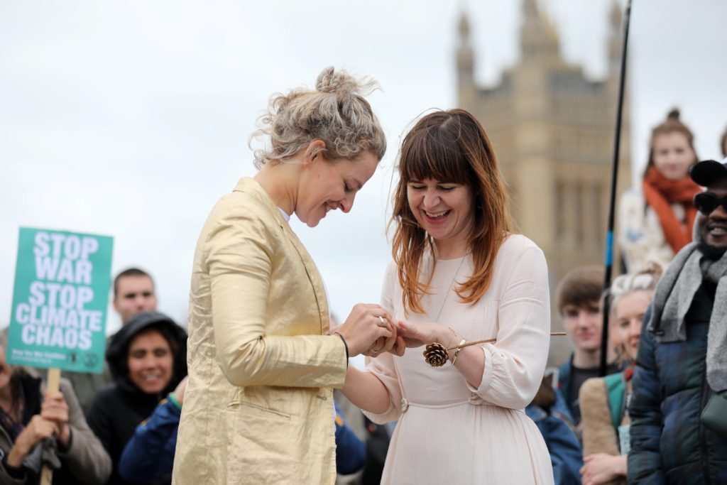 Tasmin and Melissa take part in a blessing ahead of their wedding day