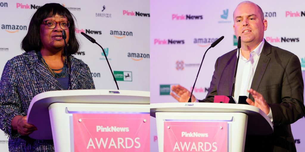 Diane Abbott and Andrew Moffat spoke out at the PinkNews Awards
