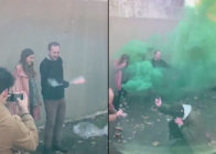 A spoof of a gender reveal party that saw party-goers choking, fainting and covered in blood has taken the practise to meme-grade glory. (Screen captures via Instagram)