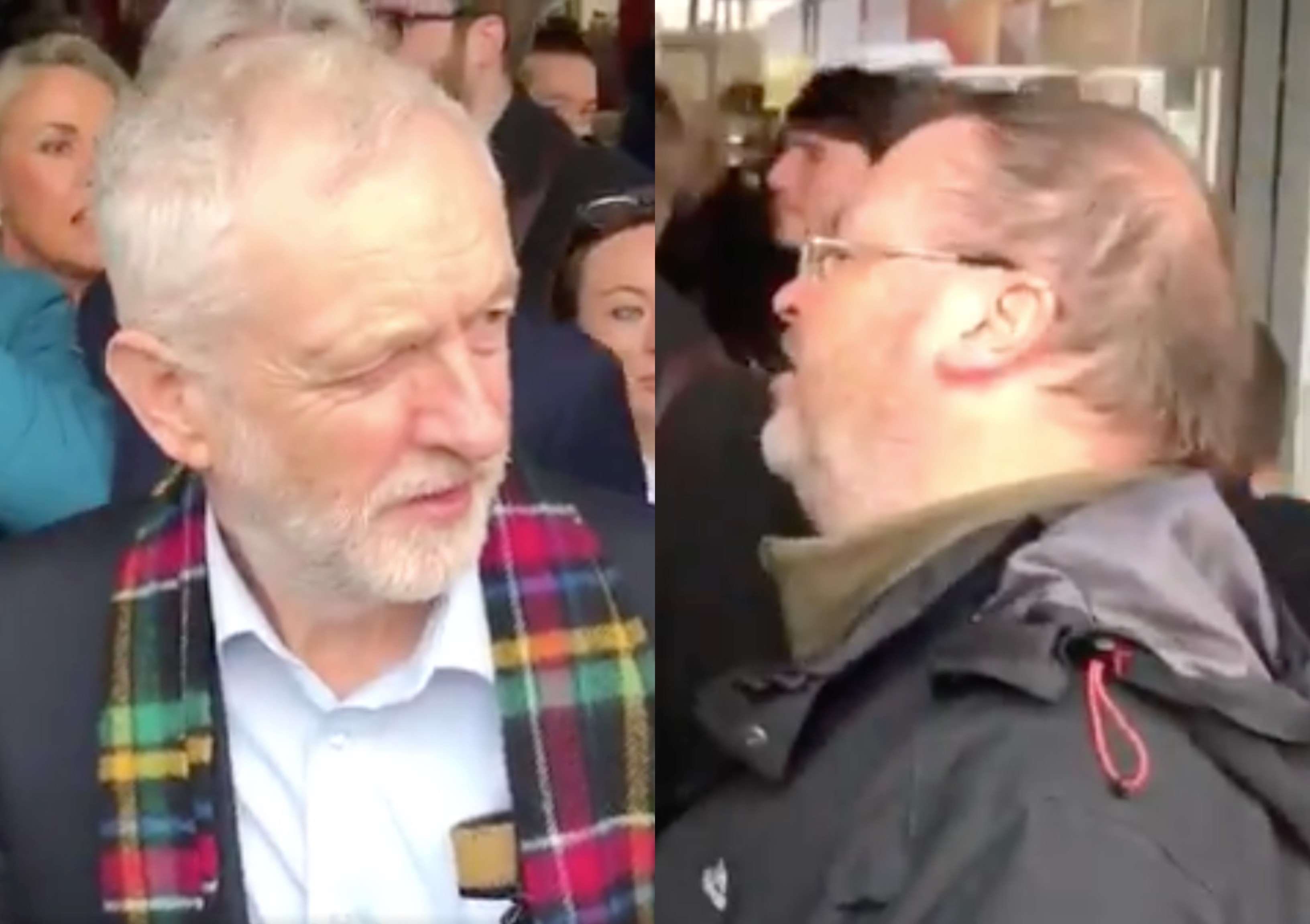 Jeremy Corbyn (L) was heckled by a Church of Scotland minister who has frequently referred to being gay as a "perversion". (Screen captures via Twitter)