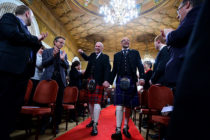 Joe Schofield and Malcolm Brown from Tullibody, Clackmannanshire are married by Ross Wright, Celebrant from Humanist Society Scotland in the Trades Hall shortly after midnight in front of friends and family in one of the first same-sex and belief category weddings in Scotland on December 31, 2014 in Glasgow, Scotland.