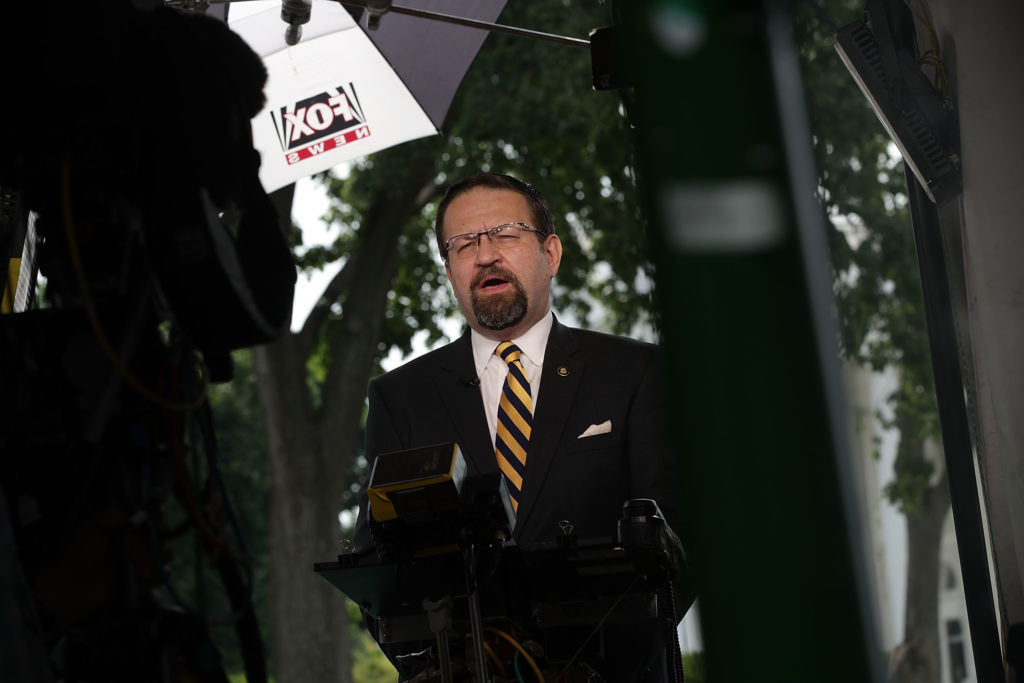Star Wars President Sebastian Gorka speaks as he is interviewed by Fox News remotely from the White House June 22, 2017 in Washington, DC.