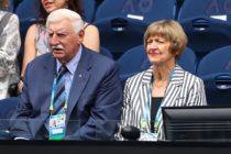 Margaret Court and husband Barrymore Court watch the Women's Singles on day one of the 2020 Australian Open at Melbourne Park