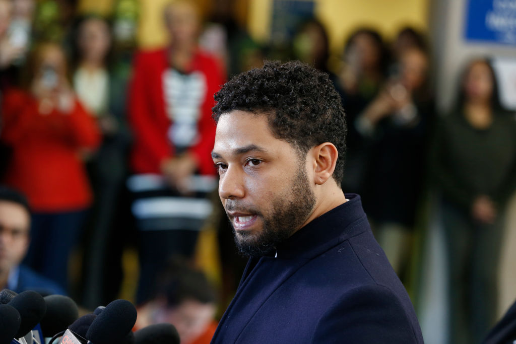 Actor Jussie Smollett speaks with members of the media after his court appearance at Leighton Courthouse on March 26, 2019 in Chicago, Illinois. 