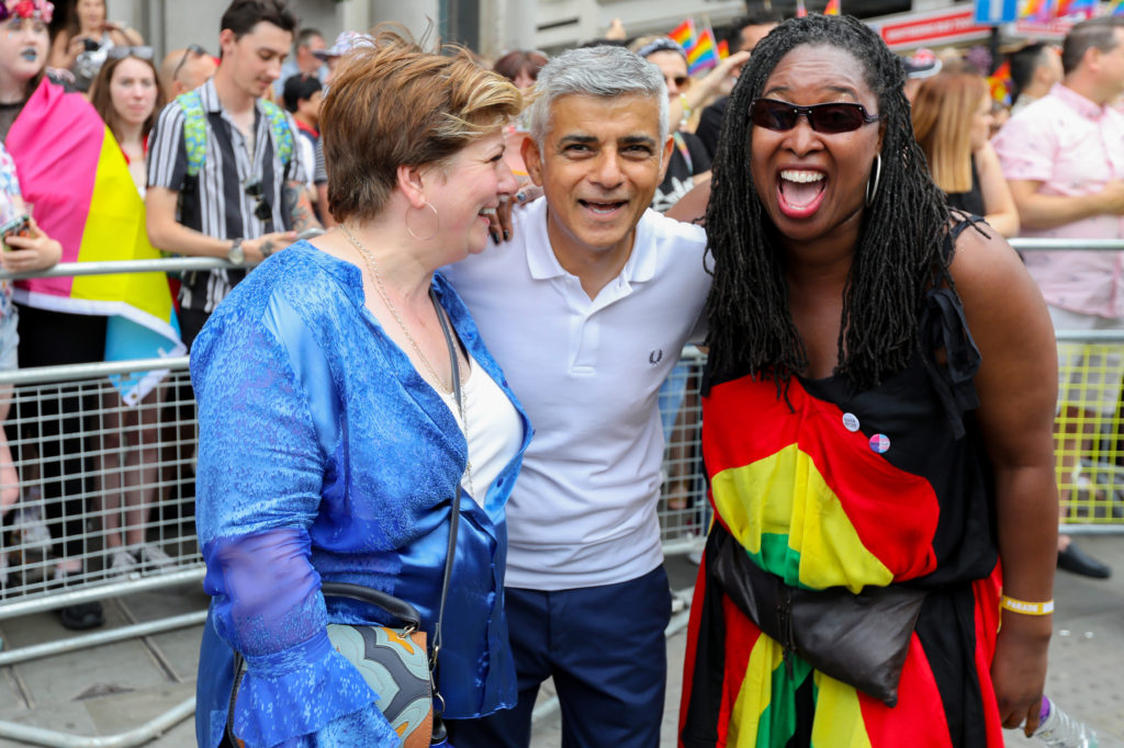 Emily Thornberry (L) and London Mayor Sadiq Khan (C) and Dawn Butler during Pride in London 2019. (Tristan Fewings/Getty Images for Pride in London)