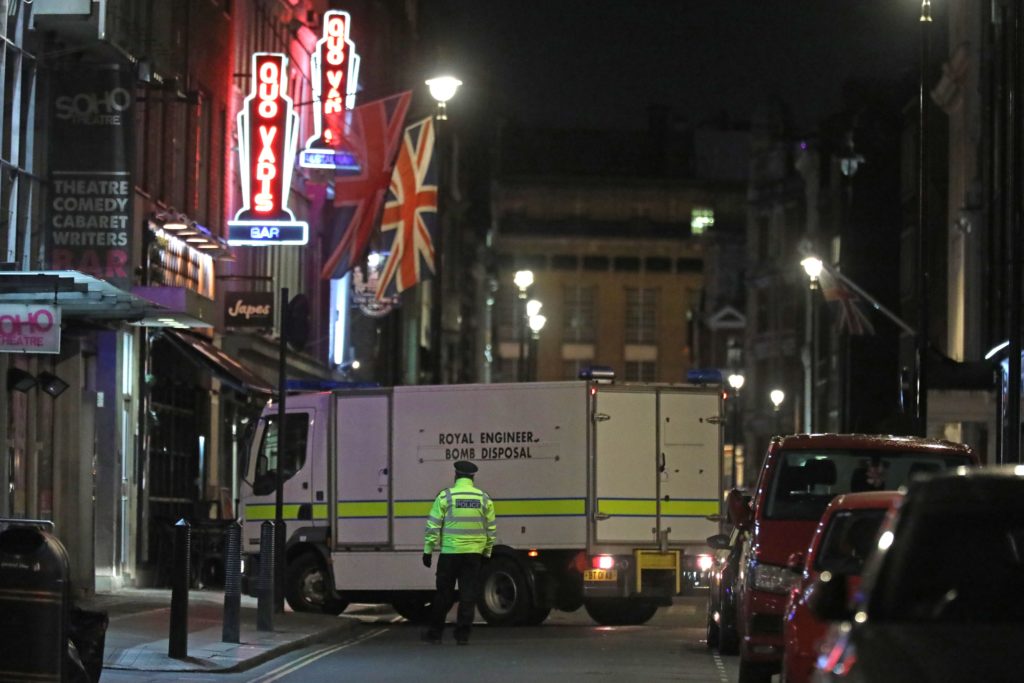A Royal Engineer Bomb Disposal van arrives outside the Soho Theatre on Dean Street in the Soho area of central London on February 3, 2020. (ISABEL INFANTES/AFP via Getty Images)