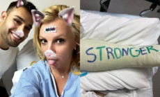 Sam Asghari (L) and Britney Spears take a selfie in a hospital bed after the singer broke a bone in her foot. (Instagram)