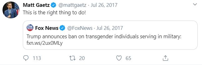 Republican congressman Matt Gaetz praised the Trump ban on transgender troops
