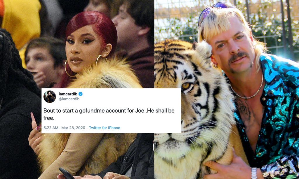 Cardi B (L) vowed to raise funds for jailed Tiger King star Joe Exotic through a GoFundMe page, but the platform refused her plea. (Kevin Mazur via Getty Images/Netflix)
