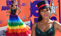 Janelle Monáe in a rainbow dress