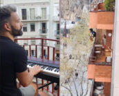 Gay pianist Alberto Gestoso played Céline Dion's iconic number to cooped-up locals while Spain is under coronavirus lockdown. (Screen captures via Instagram)