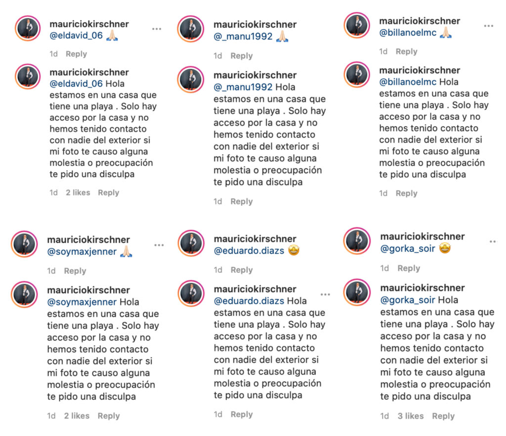 Mauricio Kirschner was pelted with questions as to why he appeared to be quarantining at a resort house. He apologised to many, but did not directly answer their questions and instead appeared to copy and paste his apology. (Screen captures via Instagram)