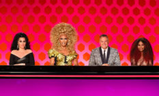 Michelle Visage, RuPaul, Ross Matthews and Chaka Khan behind the Drag Race season 12 judging table
