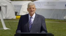 Franklin Graham brought in a camera crew to record an Easter sermon from the tent hospital 'relief' site
