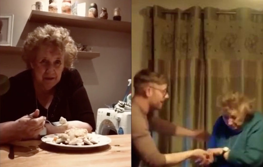 Tommy Ferris cooks, cares and dances with his grandmother, completely unaware of the coronavirus crisis bearing down on Britain. (Screen captures via Daily Mail)