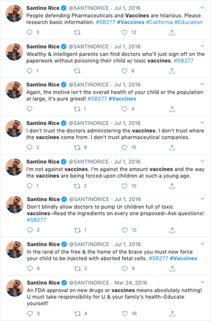 Santino Rice tweets about vaccines