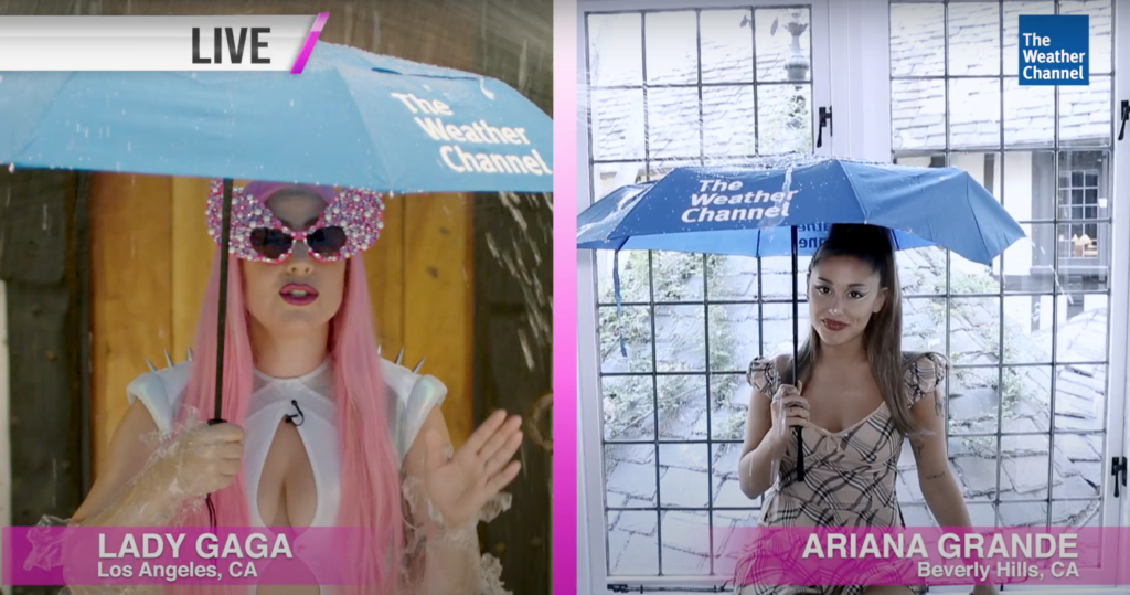 When it rains, it pours according to weather girls Lady Gaga (L) and Ariana Grande (R). (screen capture via YouTube)