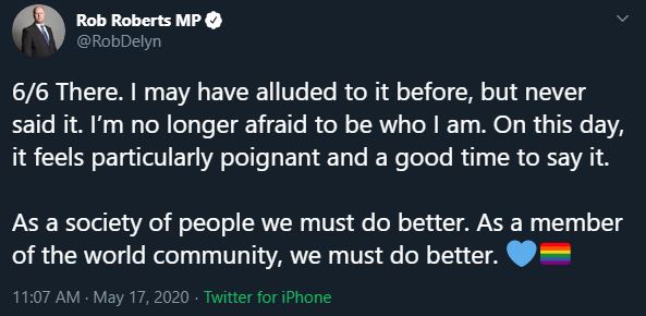 Tory MP for Delyn Rob Roberts came out on IDAHOBIT