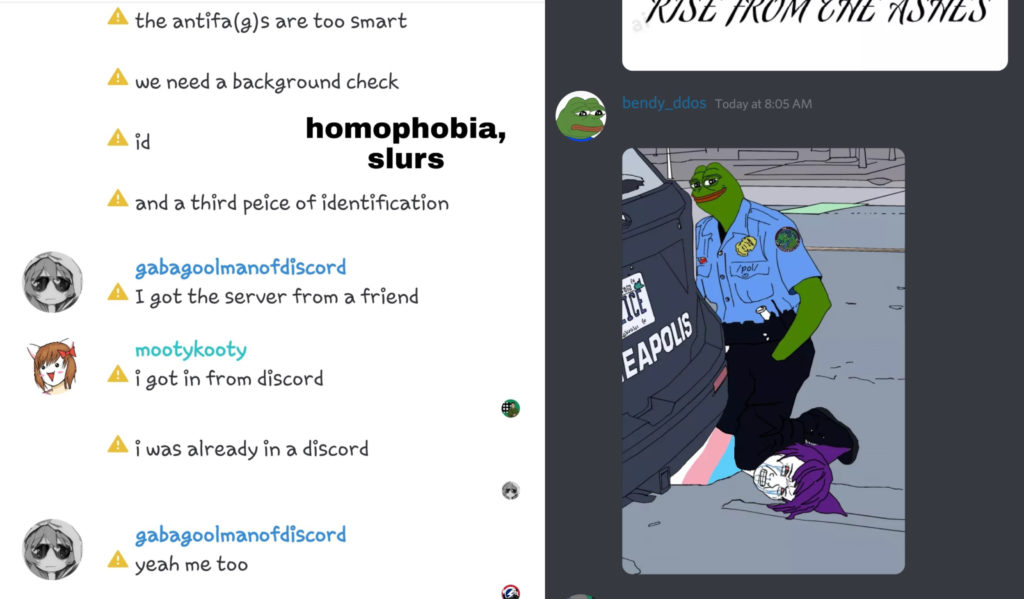 Chat logs from the fringe alt-right users. The anonymous source captioned their comments. The image on the right features Pepe the Frog, the poster-meme of alt-right circles, pinning down Wojack wearing a trans Pride flag t-shirt in a bullish, mocking meme of the death of George Floyd. (Riot)