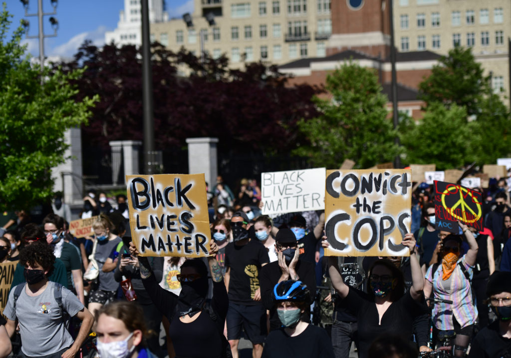 Protesters march through Center City on June 1, 2020 in Philadelphia, Pennsylvania. (Mark Makela/Getty Images)