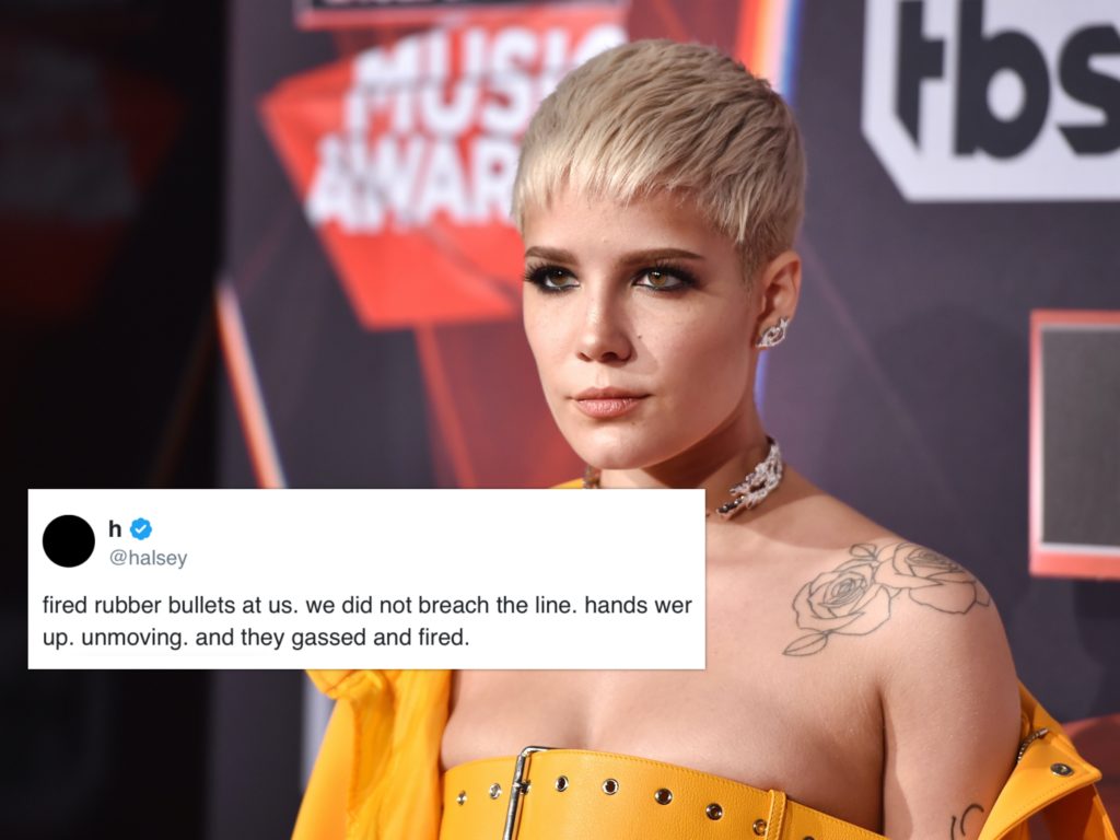 Halsey said she was struck by rubber bullets as riot police laid fire on Black Lives Matter demonstrators. (Twitter/Alberto E. Rodriguez/Getty Images)x