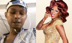 Chi Chi DeVayne in a hospital bed with tubes attached / her All Stars 3 promo picture