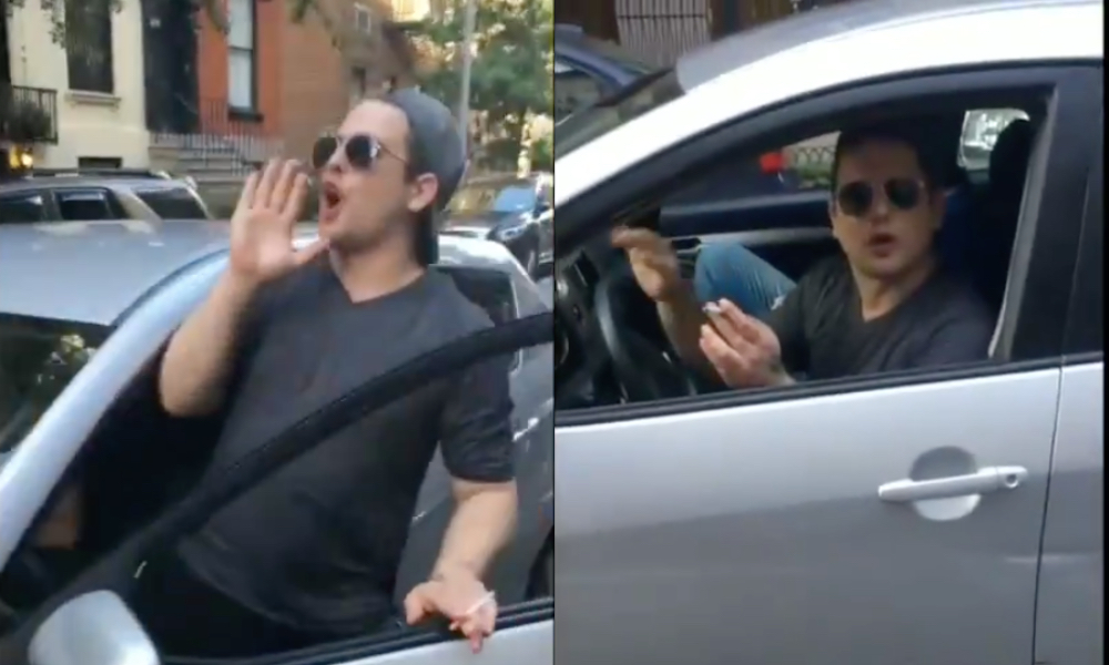 Startling footage showed Dustin Gold hurl racist slurs in New York City. (Screen captures via Twitter)