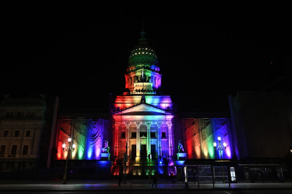 The Argentine Congress is illuminated in the rainbow colours to celebrate the 10th anniversary of the legalization of same-sex marriage in the country.( JUAN MABROMATA/AFP via Getty Images)