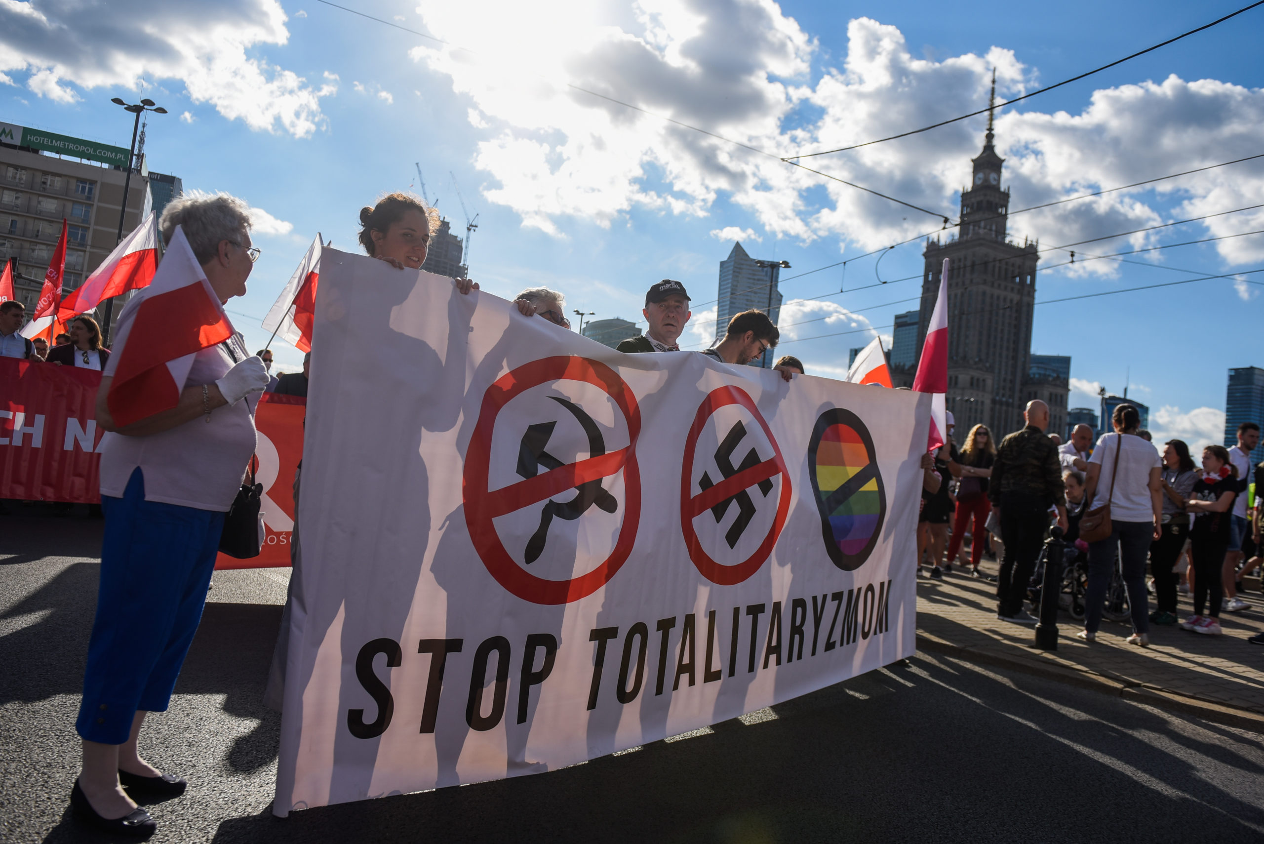 An anti-LGBT banner is seen during the 76th Anniversary of the Warsaw Uprising 