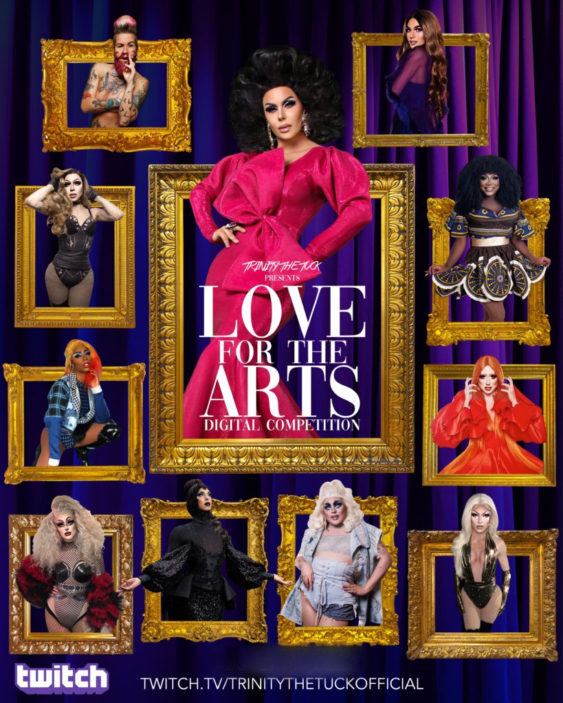 Trinity The Tuck and 10 drag performers standing in gold photo frames arranged on a wall