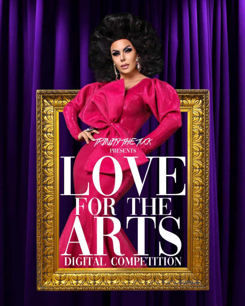 Trinity The Tuck is wearing a pink, 80s style gown with full sleeves, a full skirt and an oversized bow on the front. Her mug, beat for the gods, and her brunette bouffant stick out above the gilded frame she stands in.