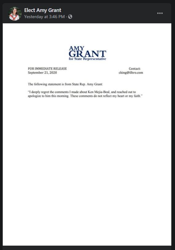 Illinois Republican lawmaker Amy Grant has given an extraordinarily terrible apology