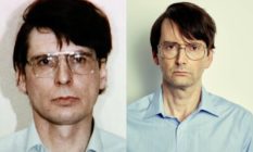 Dennis Nilsen and David Tennant side by side, wearing identical blue shirts and glasses