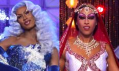 Shea Couleé and Priyanka in their respective Drag Race finales. Shea is wearing a blue sequinned gown and blue hair, Priyanka is in a red and white lehenga
