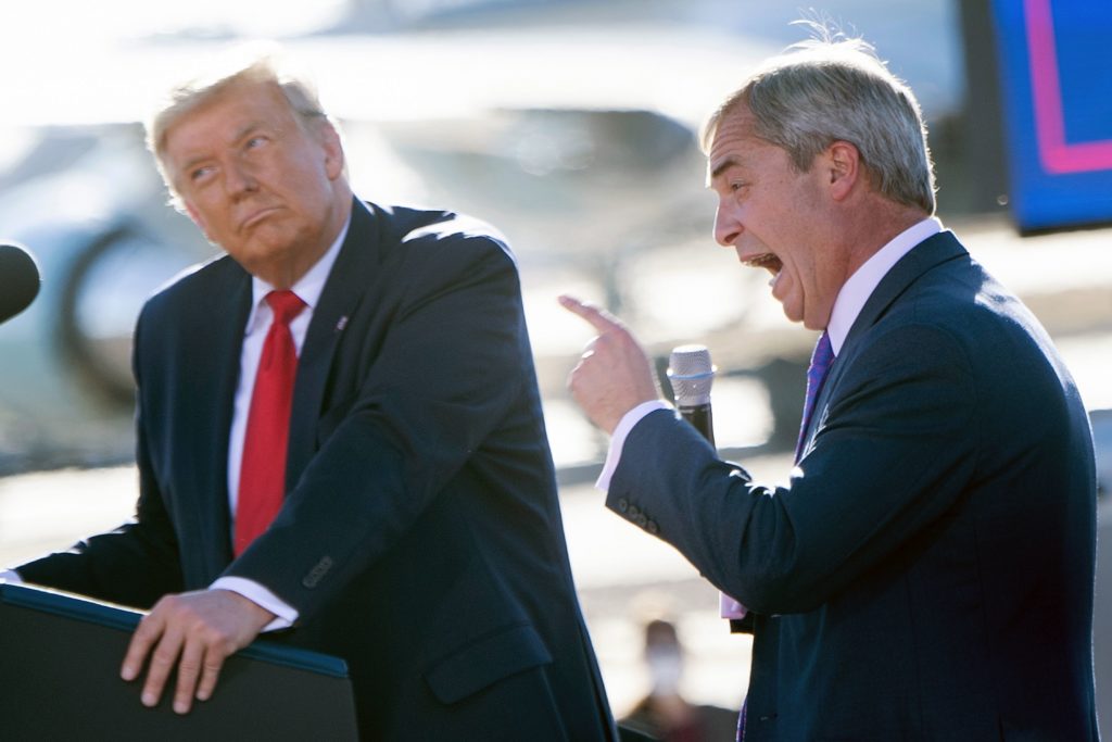 British Brexit Party leader Nigel Farage (R) sought to buoy Donald Trump's wilting poll numbers with his endorsement. (BRENDAN SMIALOWSKI/AFP via Getty Images)