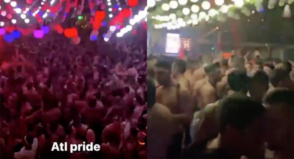Footage uploaded to social media showed attendees of an unofficial Atlanta Pride party just a shot glass width apart from one another. (Screen captures via Twitter)