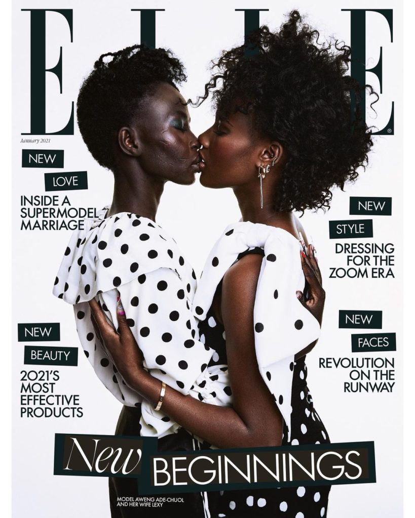 Aweng Ade-Chuol and her wife Alexus kissing on the cover of Elle UK