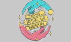Illustration of two hands forming a circle with the words 'Trans Mutual Aid Manchester' in the middle