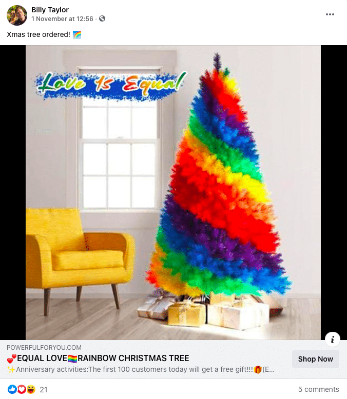 A status from Billy Taylor about a Facebook advert for a rainbow Christmas tree