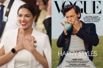 Alexandria Ocasio-Cortez (L) defended Harry Styles' American Vogue cover. (Don Emmert /AFP/Getty/Condé Nast)