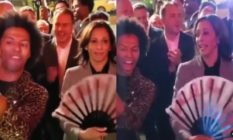 Kamala Harris holding a large fan while Shangela takes a selfie