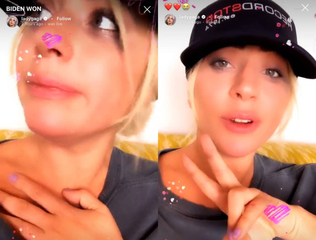 Lady Gaga implored her millions of followers to "be kind" as she tearfully celebrated Joe Biden's election triumph. (Screen captures via Instagram)