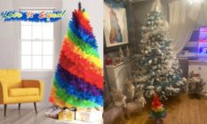 A Facebook advert for a rainbow Christmas tree, and the product in real life compared to a 6ft Christmas tree