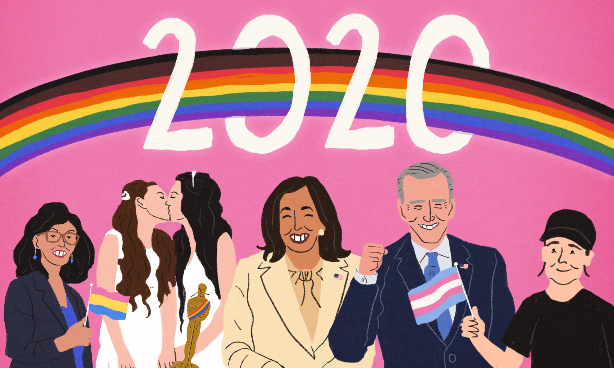 An illustration of Layla Moran, two lesbian brides kissing, Kamala Harris and Joe Biden, and Elliot Page, with a rainbow above their heads and the letters 2020