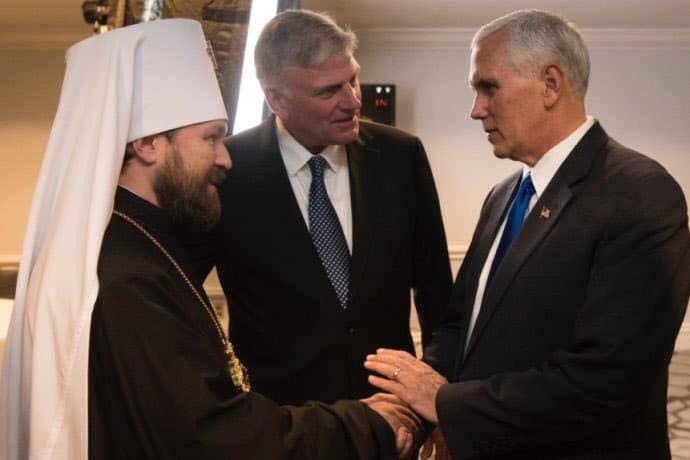 Russian Orthodox bishop Hilarion Alfeyev with anti-LGBT+ evangelist Franklin Graham and US vice president Mike Pence