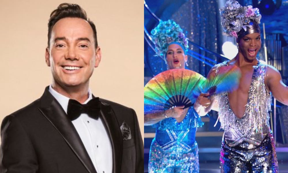 Two images: Craig Revel Horwood smiling in a tuxedo, Strictly pros Johannes and Gorka in sequinned jumpsuits and matching headpieces