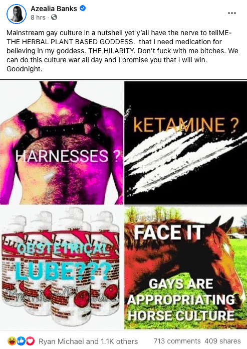 A Facebook status by Azealia Banks, showing a meme that contains pictures of a man in a harness, ketamine, poppers and a picture of a horse 