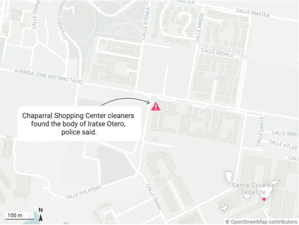 A map with a pink marker showing the location of Chaparral Shopping Center with a textbox reading: "Chaparral Shopping Center cleaners found the body of Iratxe Otero, police said."